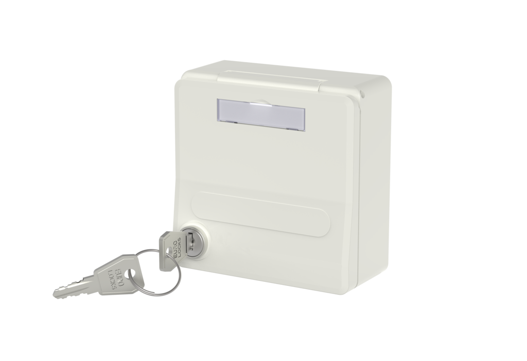 Module boîtier encastré avec couvercle rabattable <br /> et serrure, blanc pur, 2 ports non équipés pour module MC